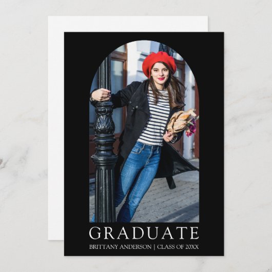 ミニマルモダンリストブラックフォトアーチ卒業 案内状 (正面/裏面)