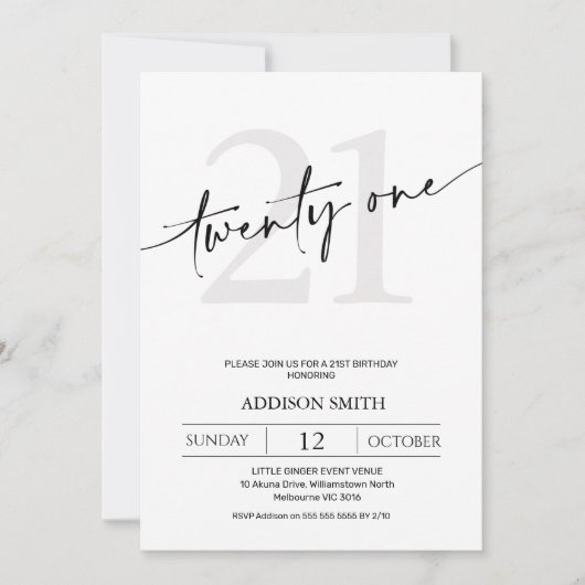 ミニマルモダンリストブラック文字21歳の誕生日 招待状 (正面)