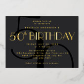 ミニマルモダンリストブラック50番目の誕生日金ゴールド 箔招待状 (正面)