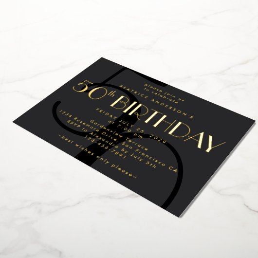 ミニマルモダンリストブラック50番目の誕生日金ゴールド 箔招待状 (回転した状態)