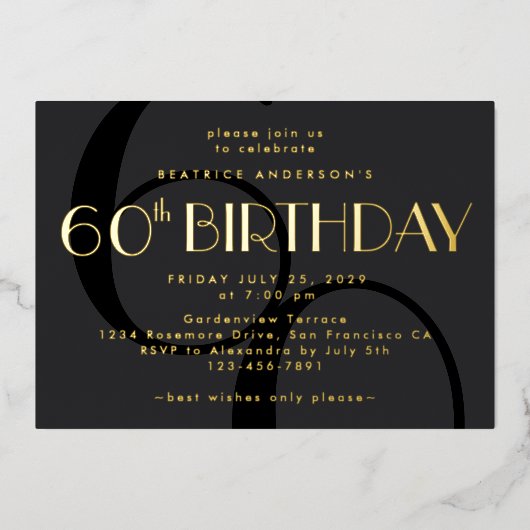 ミニマルモダンリストブラック60番目の誕生日金ゴールド 箔招待状 (正面)