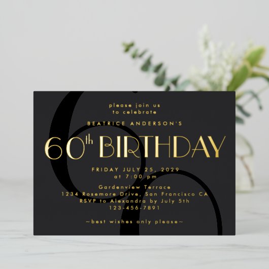 ミニマルモダンリストブラック60番目の誕生日金ゴールド 箔招待状 (立ち正面)