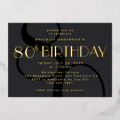 ミニマルモダンリストブラック80番目の誕生日金ゴールド 箔招待状 (正面)