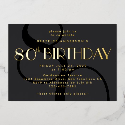 ミニマルモダンリストブラック80番目の誕生日金ゴールド 箔招待状 (正面)