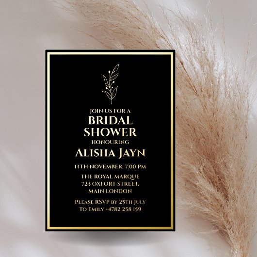ミニマルモダンリストブラック&ゴールデンブライダルシャワー 箔招待状
