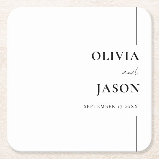 ミニマルモダンリストブラック&ホワイトのカスタムウェディング スクエアペーパーコースター (正面)