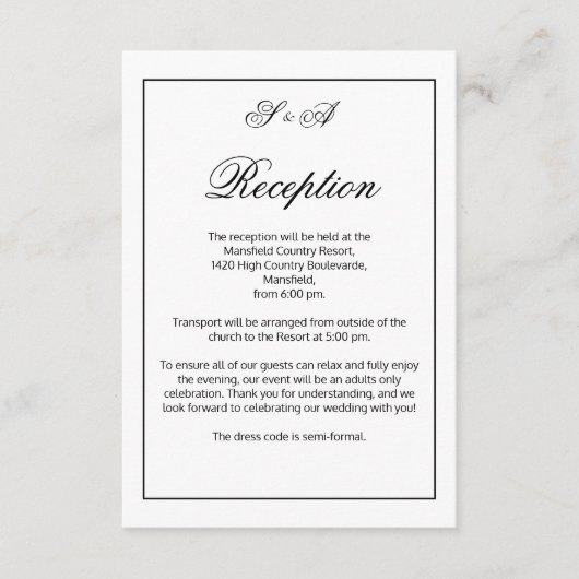 ミニマルモダンリストブラック&ホワイトウェディングレセプション エンクロージャーカード (正面)