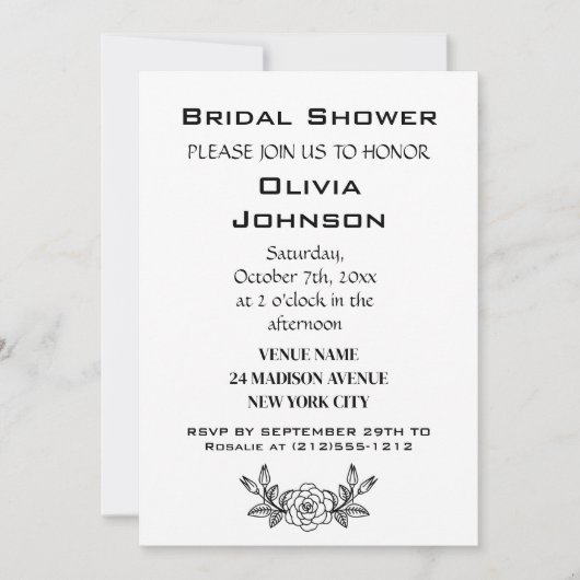 ミニマルモダンリストブラック&ホワイトブライダルシャワー 招待状 (正面)