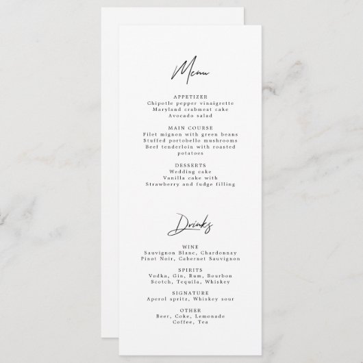 ミニマルモダンリストブラック&ホワイト結婚のメニュー 招待状 (正面/裏面)