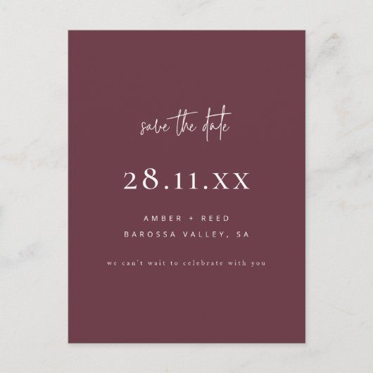 ミニマルモダンリストブルゴーニュ日付を保存 案内ポストカード (正面)