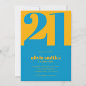 ミニマルモダンリストブルーイエロー21歳の誕生日 招待状 (正面)