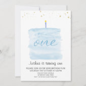 ミニマルモダンリストブルーケーキファースト誕生日 招待状 (正面)