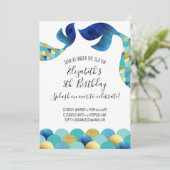 ミニマルモダンリストブルーティール（緑がかった色）マーメイド誕生日 招待状 (スタンド正面)