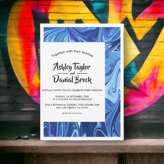 ミニマルモダンリストブルー抽象芸術アートスクリプ結婚ト 招待状