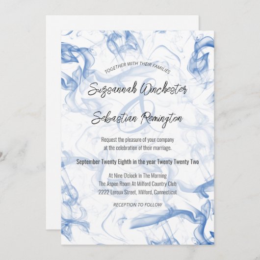 ミニマルモダンリストブルー結婚ミストテンプレート 招待状 (正面/裏面)