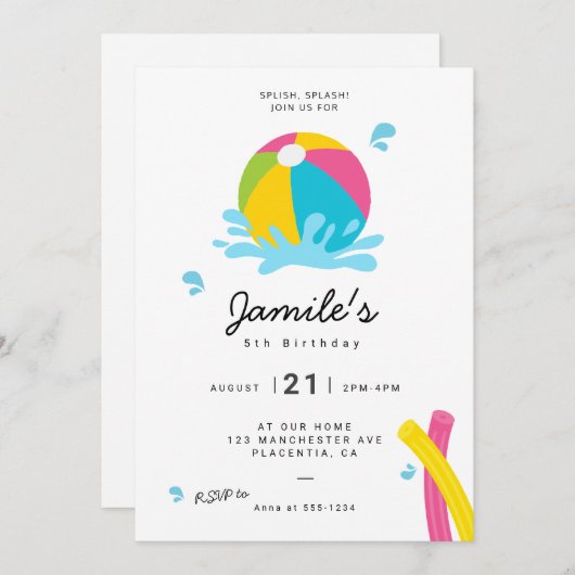 ミニマルモダンリストプールパーティーガール誕生日 招待状 (正面/裏面)