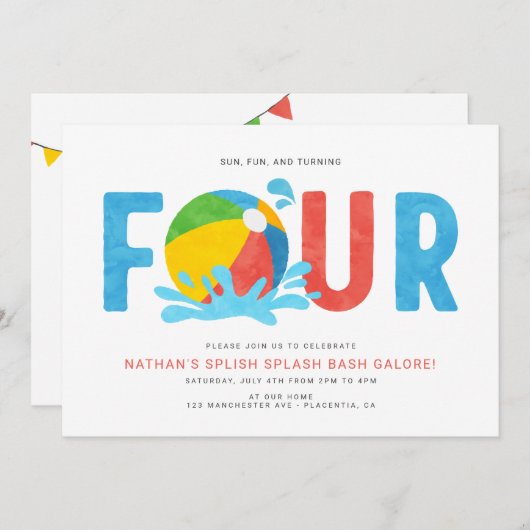 ミニマルモダンリストプールパーティー第4誕生日 招待状 (正面/裏面)