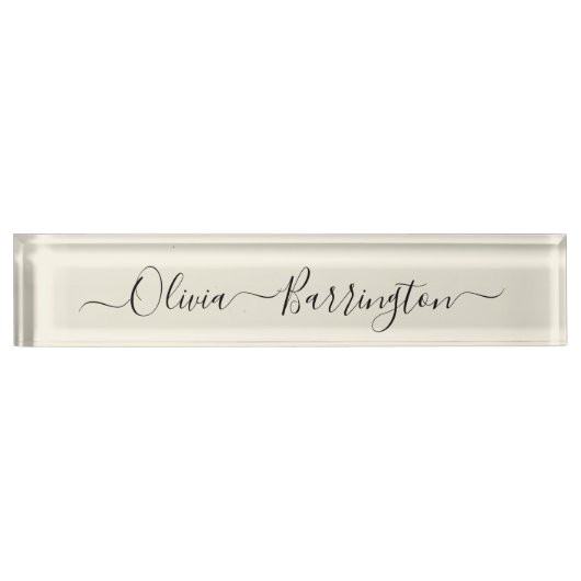 ミニマルモダンリストベージュ色ホワイトスクリプト名前をカスタムする デスクネームプレート (正面)