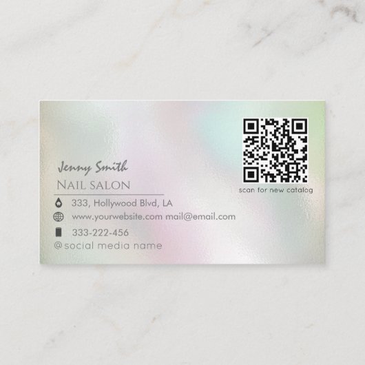 ミニマルモダンリストホログラフィックネイルサロンQRコード 名刺 (裏面)