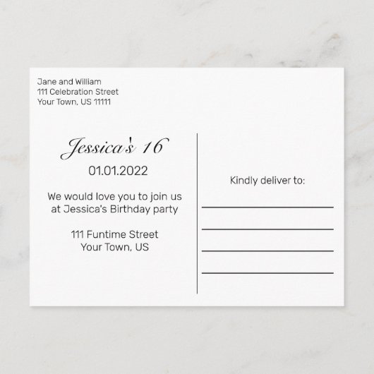 ミニマルモダンリストホワイトブラックスウィート16 案内ポストカード (裏面)