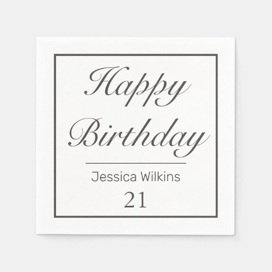 ミニマルモダンリストホワイトブラックハッピーバースデー スタンダードカクテルナプキン (正面)