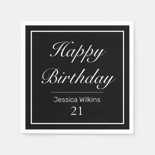 ミニマルモダンリストホワイトブラックハッピーバースデー スタンダードカクテルナプキン (正面)