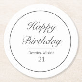 ミニマルモダンリストホワイトブラックハッピーバースデー ラウンドペーパーコースター (正面)