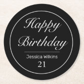 ミニマルモダンリストホワイトブラックハッピーバースデー ラウンドペーパーコースター (正面)