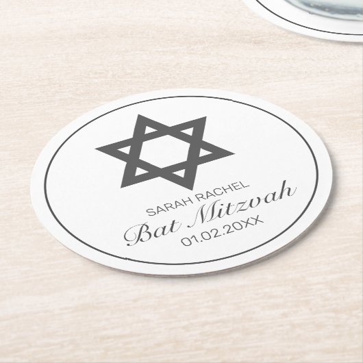 ミニマルモダンリストホワイトブラックバーバルミツワー ラウンドペーパーコースター (アングル)
