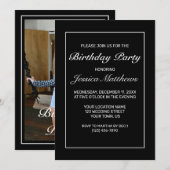 ミニマルモダンリストホワイトブラックフォト誕生日 招待状 (正面/裏面)