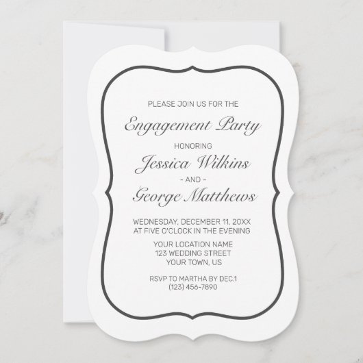 ミニマルモダンリストホワイトブラック婚約パーティ 招待状 (正面)