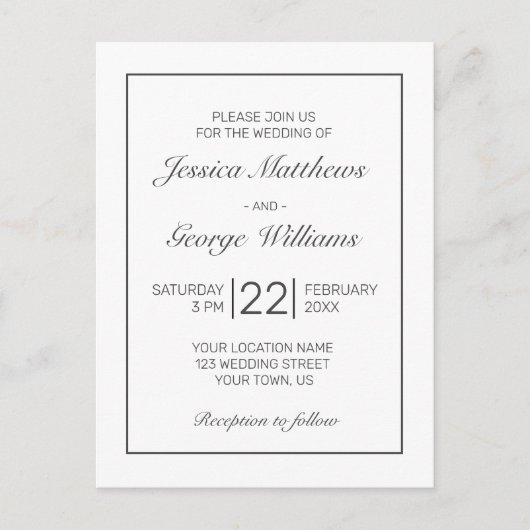 ミニマルモダンリストホワイトブラック結婚式招待状 ポストカード (正面)