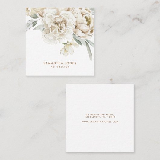ミニマルモダンリストホワイトペオニーフローラ水彩色 コーリングカード (正面/裏面)