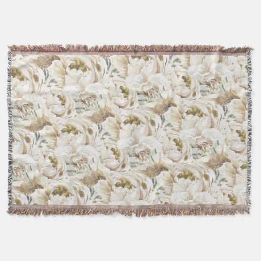 ミニマルモダンリストホワイトペオニーフローラ水彩色 スローブランケット (正面)