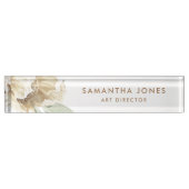 ミニマルモダンリストホワイトペオニーフローラ水彩色 デスクネームプレート (正面)