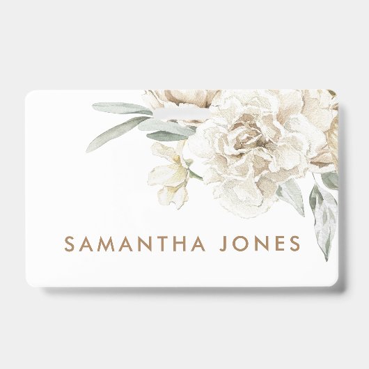 ミニマルモダンリストホワイトペオニーフローラ水彩色 バッジ (表面)