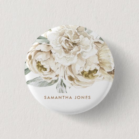 ミニマルモダンリストホワイトペオニーフローラ水彩色 缶バッジ (正面)