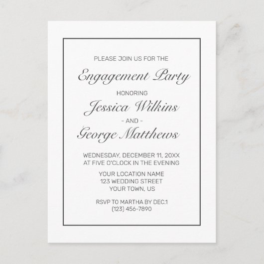 ミニマルモダンリストホワイト婚約招待状 ポストカード (正面)