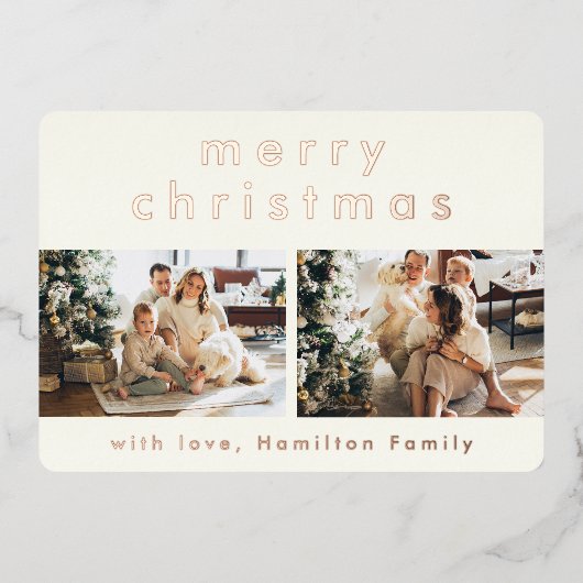 ミニマルモダンリストメリークリスマスツーフォトバラ 箔シーズンカード (正面)