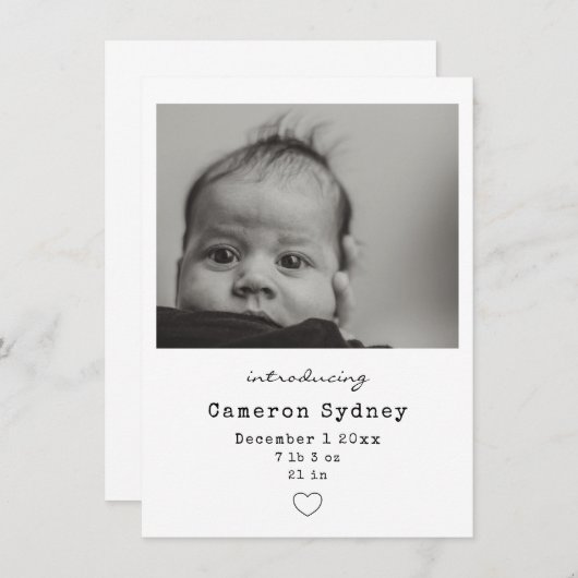 ミニマルモダンリストモノクロベビーフォト誕生 案内状 (正面/裏面)