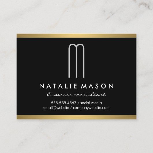 ミニマルモダンリストモノグラムオンブラック金ゴールドトリム 名刺 (正面)