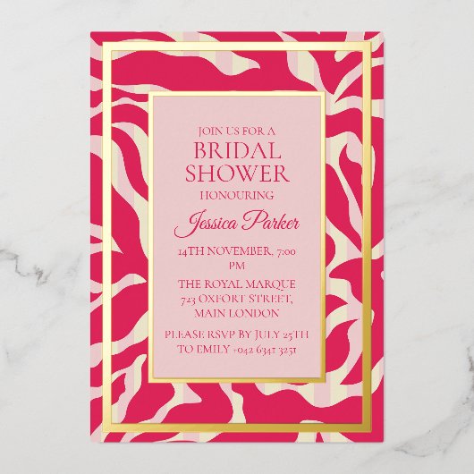ミニマルモダンリストレッドとピンクブライダルシャワー 箔招待状 (正面)