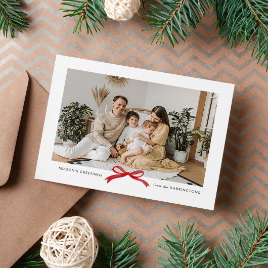 ミニマルモダンリストレッドボウフォトホリデーポストカード シーズンポストカード