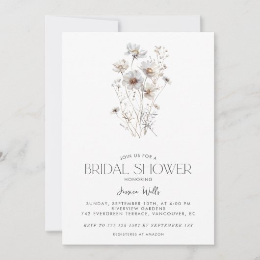 ミニマルモダンリストワイルドフラワーブーケブライダルシャワー 招待状 (正面)