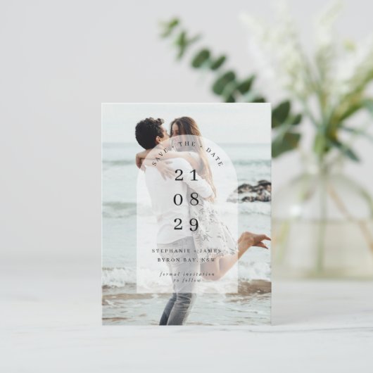 ミニマルモダンリスト中央のアーチ写真日付を保存 ポストカード (スタンド正面)