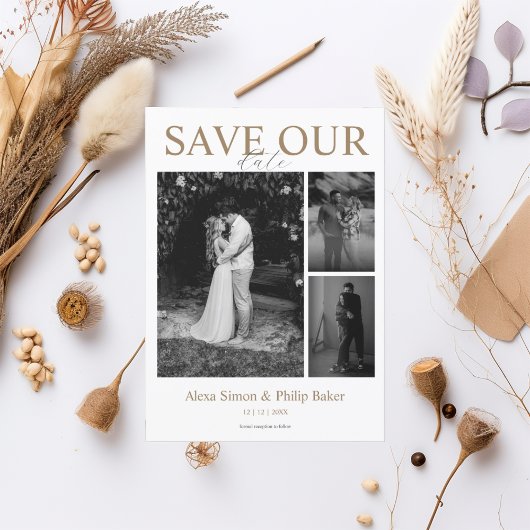 ミニマルモダンリスト写真コラージュ日付カードの保存 招待状