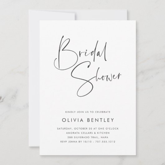 ミニマルモダンリスト手書きスクリプトブライダルシャワー 招待状 (正面)
