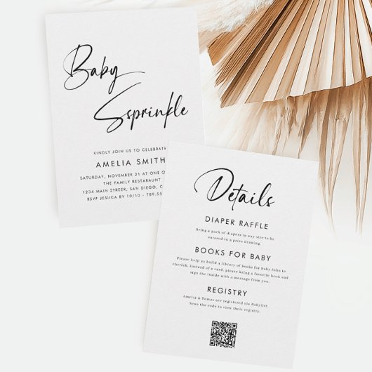 ミニマルモダンリスト手書きスクリプトベビーシャワー 招待状