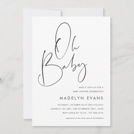 ミニマルモダンリスト手書きスクリプトベビーシャワー 招待状 (正面)
