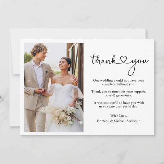 ミニマルモダンリスト書道スクリプトのハート結婚の サンキューカード (正面)